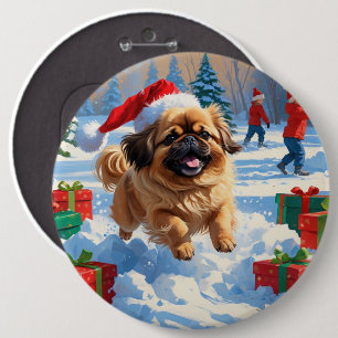 Bóton Redondo 15.24cm Cão Pequinês Correndo na Neve com Chapéu de Natal