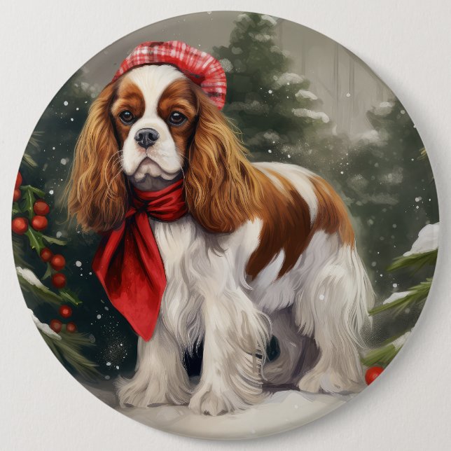 Bóton Redondo 15.24cm Cavalier King Charles Spaniel Cão Natal (Frente)