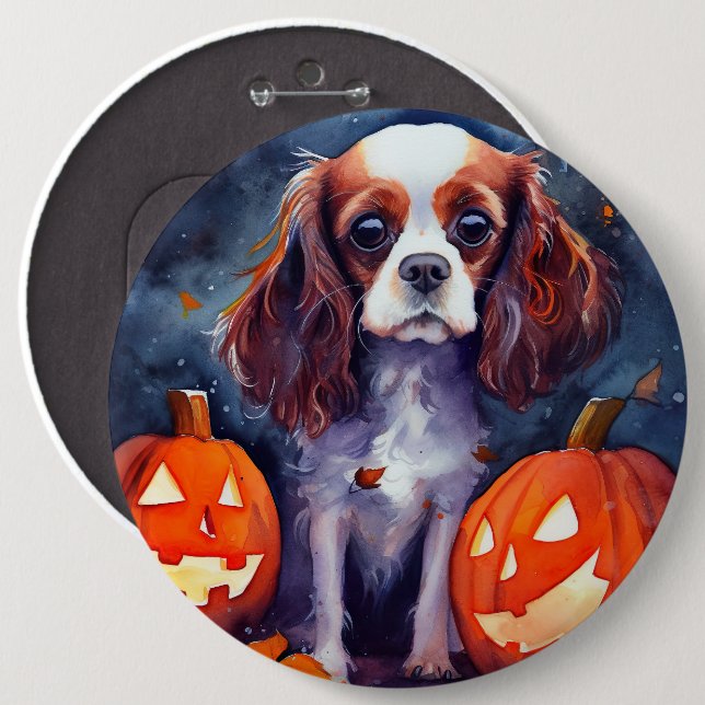Bóton Redondo 15.24cm Cavalier King Charles Spaniel de Halloween Abóbora (Frente & Verso)