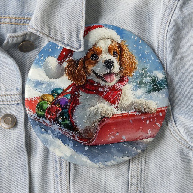 Bóton Redondo 15.24cm Cavalier King Charles Spaniel Trenó de Natal (In Situ)