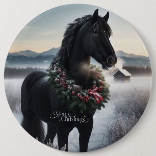 Bóton Redondo 15.24cm Cavalo negro na neve com coroa de Natal