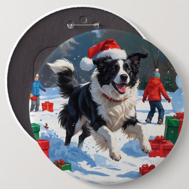 Bóton Redondo 15.24cm Cena de Natal com Border Collie na Neve (Frente & Verso)