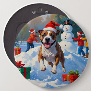 Bóton Redondo 15.24cm Cena de Natal com Bull Terrier na Neve