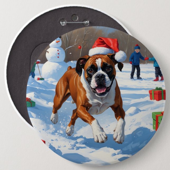 Bóton Redondo 15.24cm Cena de Natal com Neve Festiva do Boxer (Frente & Verso)