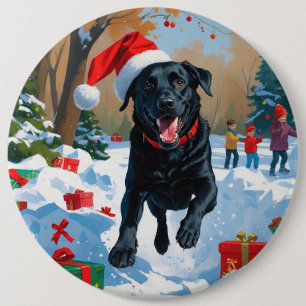 Bóton Redondo 15.24cm Cena de neve festiva de Natal com Labrador preto