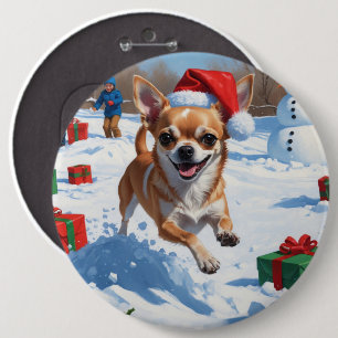 Bóton Redondo 15.24cm Chihuahua Correndo na Neve com Chapéu de Natal