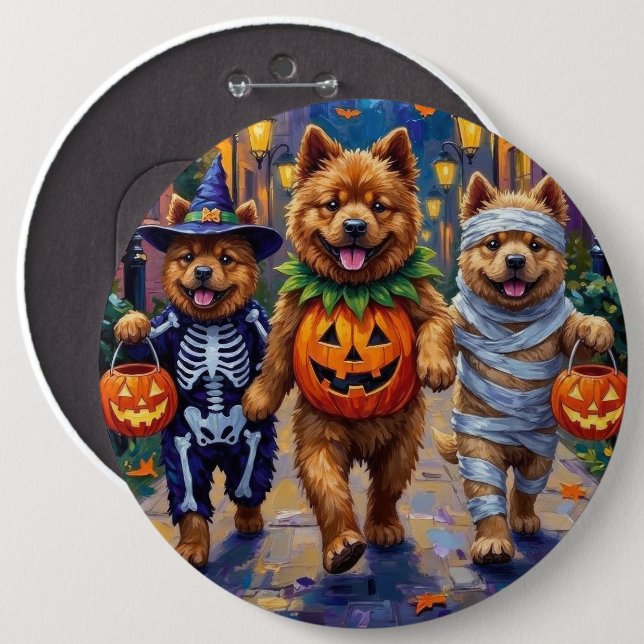 Bóton Redondo 15.24cm Chow Chow Dogs Trick-or-Tratating Halloween (Frente & Verso)