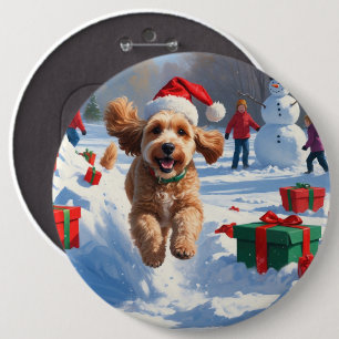 Bóton Redondo 15.24cm Cockapoo Correndo na Neve com Chapéu de Natal
