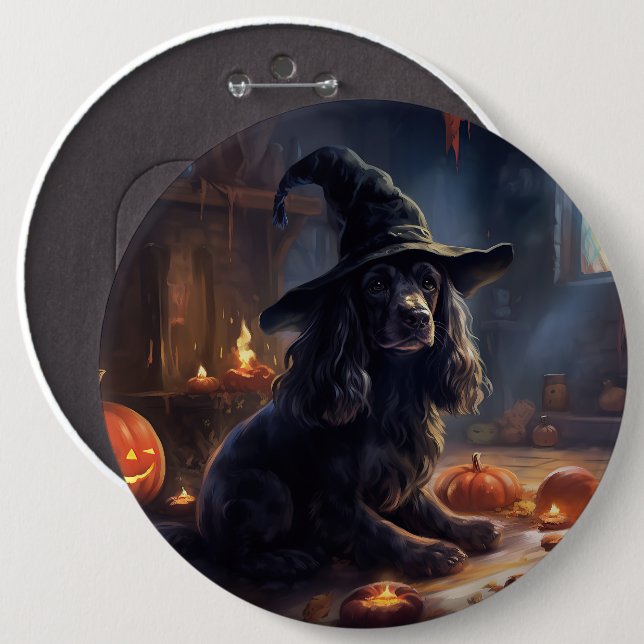 Bóton Redondo 15.24cm Cocker Spaniel Pumpkins Halloween Assustado (Frente & Verso)