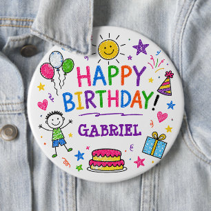 Bóton Redondo 15.24cm Colorido Doodle Feliz Aniversário Nome Personaliza