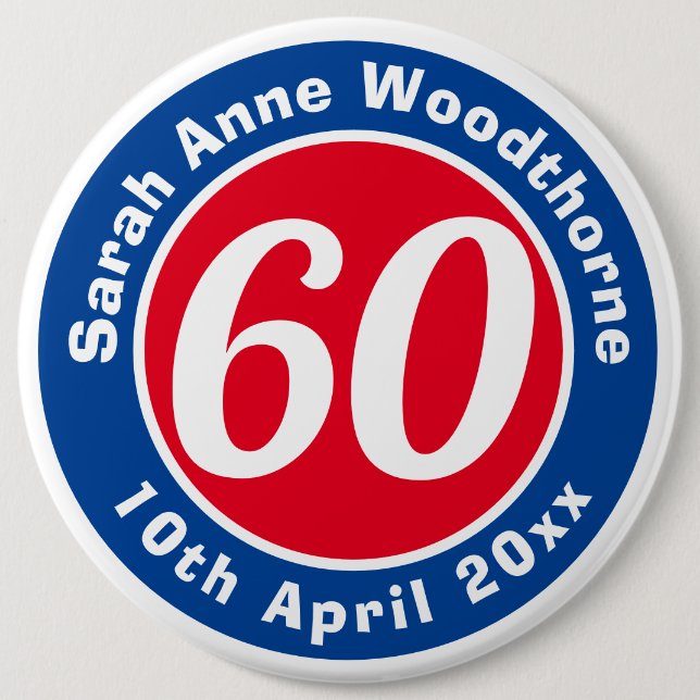 Bóton Redondo 15.24cm Comemoração de Aniversário com Nome, Idade e Data (Frente)