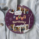 Bóton Redondo 15.24cm Custom Purple Teen Girl Birthday Photo Collage<br><div class="desc">Celebrate a special day in style with this custom purple scrapbook-style teen girl birthday photo collage button badge. Designed with a fun torn-paper scrapbook aesthetic, playful stars, layered textures, and colorful cut-out lettering spelling “Happy Birthday, ” this badge becomes a unique and personal birthday accessory. The design allows you to...</div>