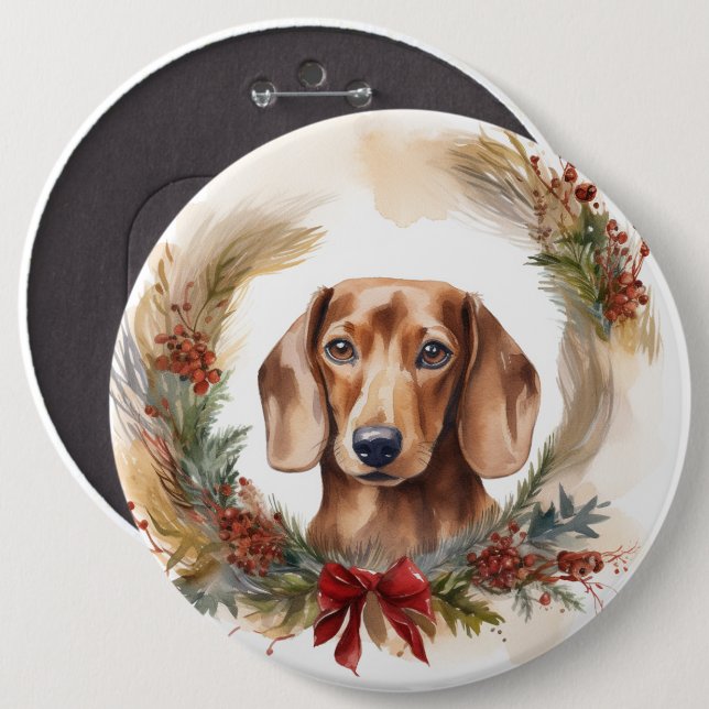 Bóton Redondo 15.24cm Dachshund Christmas Wreath Festivo Pup (Frente & Verso)