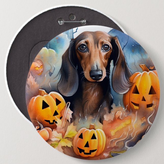 Bóton Redondo 15.24cm Dachshund Halloween Com Pumpkins Assustado (Frente & Verso)