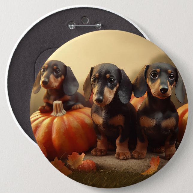 Bóton Redondo 15.24cm Dachshund Puppy Autumn Delight Pumpkin (Frente & Verso)