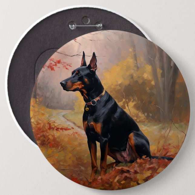 Bóton Redondo 15.24cm Doberman no outono deixa cair inspiração (Frente & Verso)
