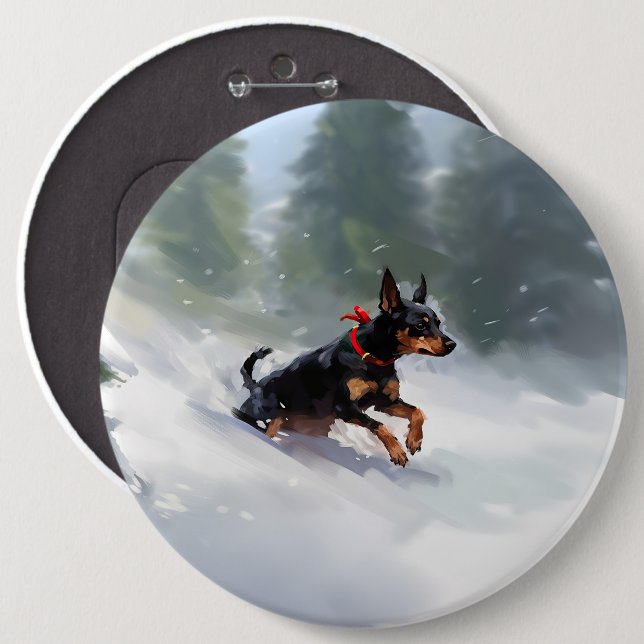 Bóton Redondo 15.24cm Doberman Pinscher Inverno de Natal (Frente & Verso)