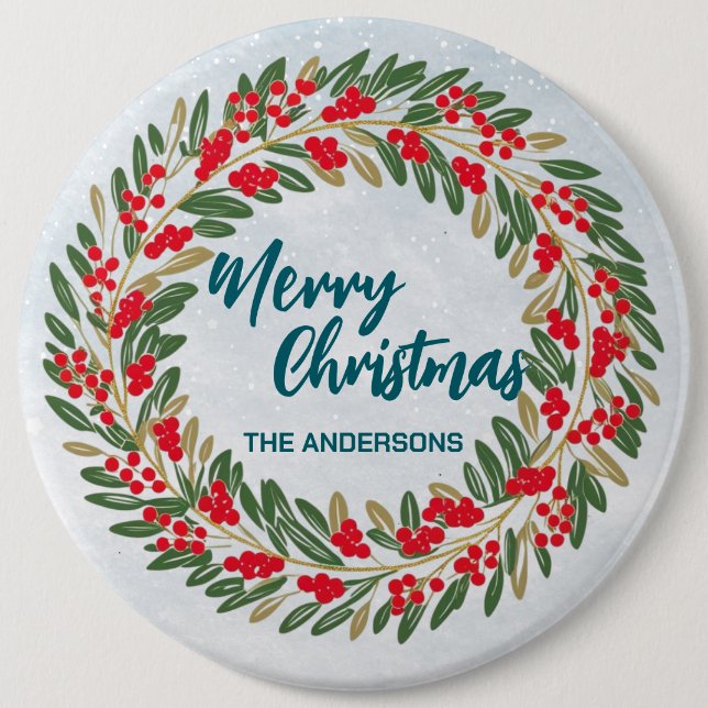 Bóton Redondo 15.24cm Elegante Red Wreath Holly Berries Dourado Xmas (Frente)