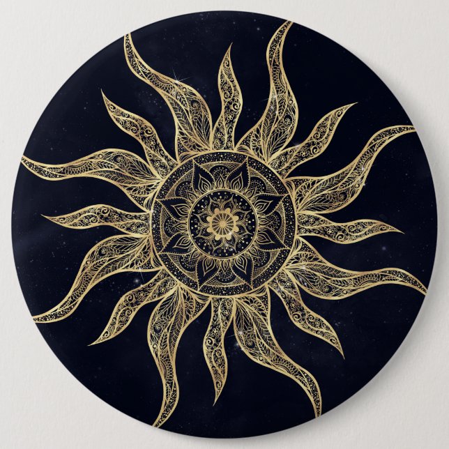 Bóton Redondo 15.24cm Elegante Sol Dourado Mandala Blue Nebula Design (Frente)