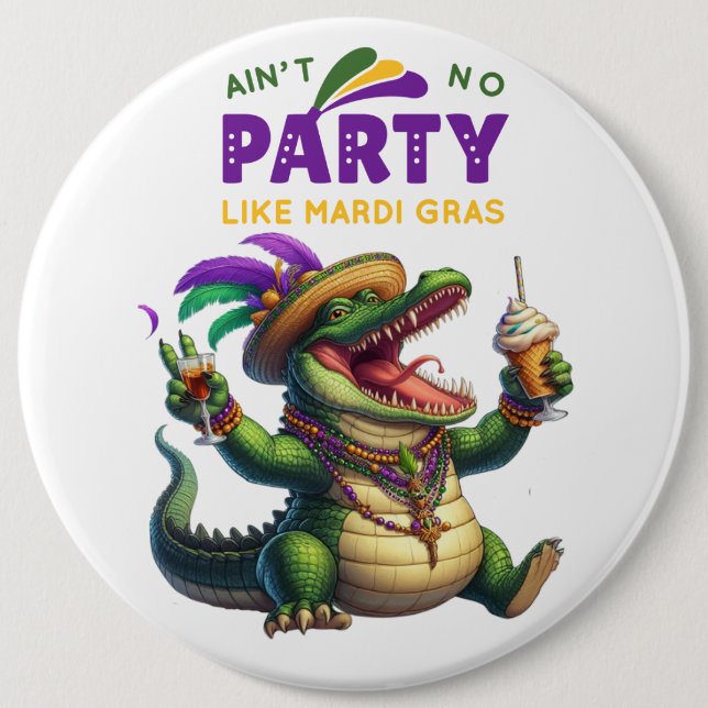 Bóton Redondo 15.24cm Feliz Mardi Gras Alligator (Frente)