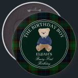 Bóton Redondo 15.24cm Festa de aniversário verde de xadrez do primeiro u<br><div class="desc">Botão do primeiro aniversário da festa de aniversário da Beary primeira vez botão do rapaz marinho azul esmeralda xadrez verde vintage ursinho festa de aniversário botões personalizados, botões elegantes de monogramas da festa do ursinho, botões de aniversário do ursinho bonitinho, botões simples e modernos de festa de aniversário personalizados, botões...</div>