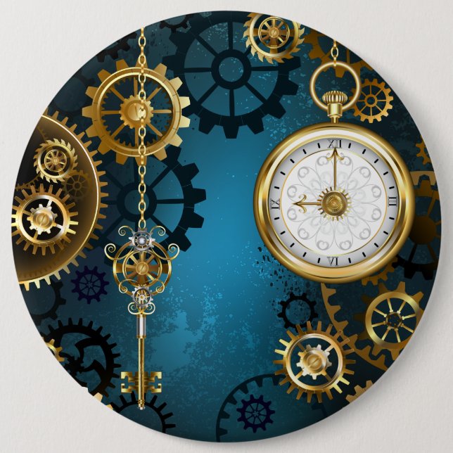 Bóton Redondo 15.24cm Fundo de turquesa Steampun com engrenagens (Frente)