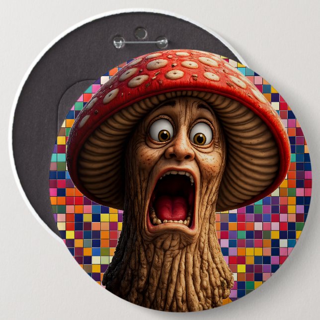 Bóton Redondo 15.24cm Funny screaming mushroom man pin back (Frente & Verso)