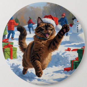 Bóton Redondo 15.24cm Gato Abissínio Cena de Natal Festiva com Neve