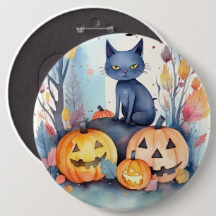 Bóton Redondo 15.24cm Gato Azul Oriental Halloween Com Pumpkins Assustad