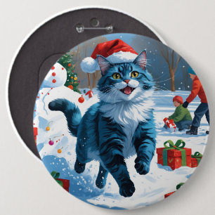 Bóton Redondo 15.24cm Gato Azul Oriental Sentado na Neve com Chapéu de N