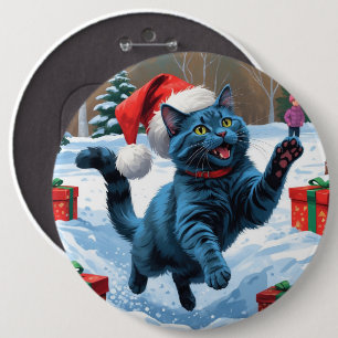 Bóton Redondo 15.24cm Gato Azul Russo Correndo na Neve com Chapéu de Nat