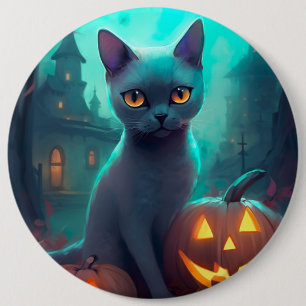 Bóton Redondo 15.24cm Gato Azul Russo Halloween Com Pumpkins Assustado