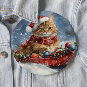 Bóton Redondo 15.24cm Gato Maine Coon no Trenó Deixe Nevar Natal