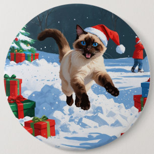 Bóton Redondo 15.24cm Gato Siames Correndo na Neve com Chapéu de Natal