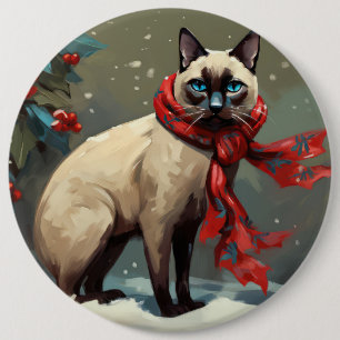 Bóton Redondo 15.24cm Gato Siames no Natal com Neve
