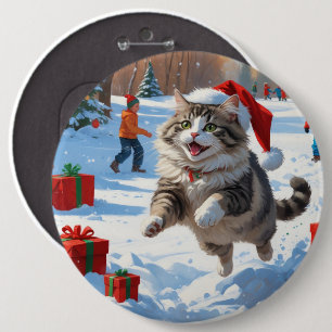 Bóton Redondo 15.24cm Gato Siberiano Correndo na Neve com Chapéu de Nata
