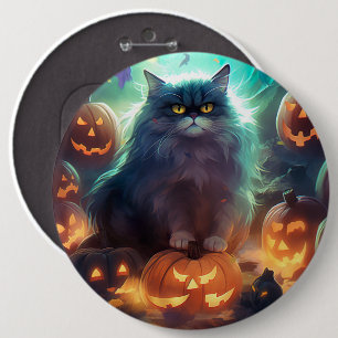 Bóton Redondo 15.24cm Gato Siberiano De Halloween Com Pumpkins Assustado