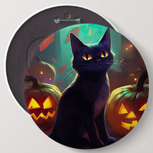 Bóton Redondo 15.24cm Gato Tuxedo de Halloween com Abóboras Assustadoras