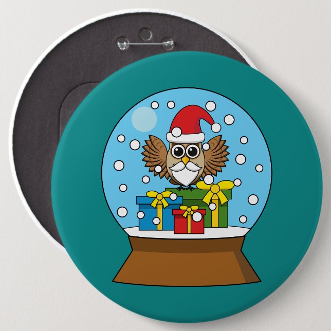 Bóton Redondo 15.24cm Globo de Neve com Santa Claus Owl (Frente & Verso)