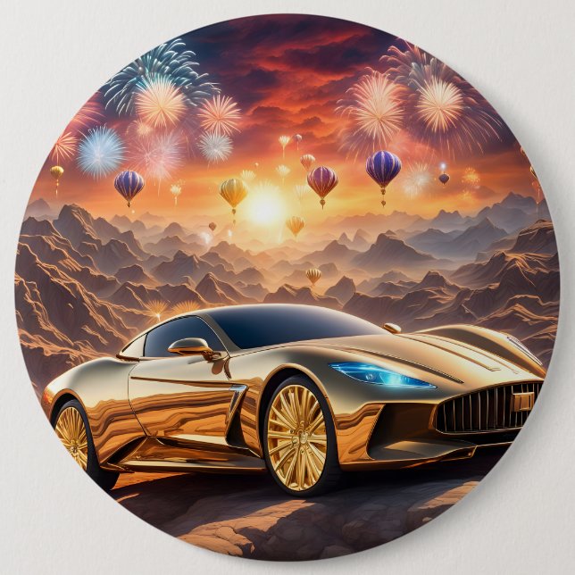 Bóton Redondo 15.24cm golden luxury car in a desert landscape (Frente)