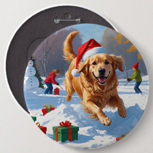 Bóton Redondo 15.24cm Golden Retriever na Neve com Chapéu de Natal