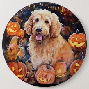Bóton Redondo 15.24cm Goldendoodle do Halloween Com Pumpkins Assustado