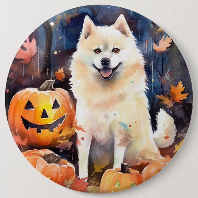 Bóton Redondo 15.24cm Halloween American Akita Com Pumpkins Assustado (Frente)
