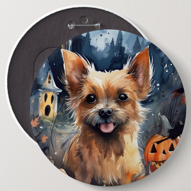Bóton Redondo 15.24cm Halloween Australiano Terrier With Pumpkins Scary (Frente & Verso)