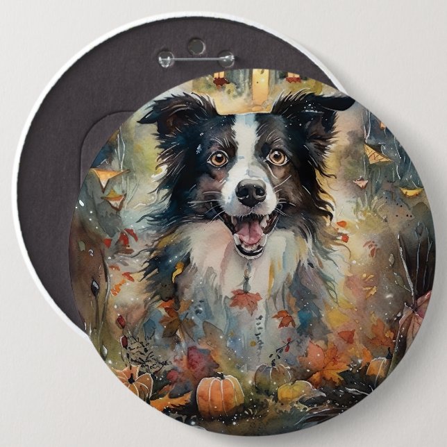 Bóton Redondo 15.24cm Halloween Border Collie Com Pumpkins Assustado (Frente & Verso)