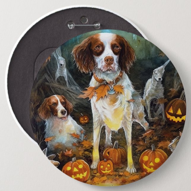 Bóton Redondo 15.24cm Halloween Brittany Spaniel Com Abóboras Assustador (Frente & Verso)