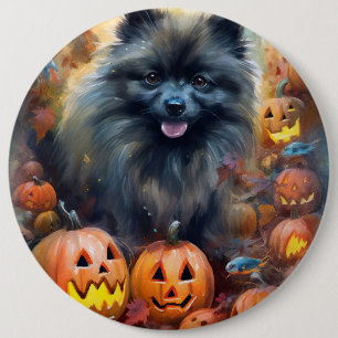 Bóton Redondo 15.24cm Halloween Keeshond Com Pumpkins Assustado