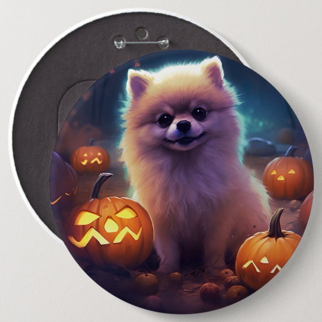 Bóton Redondo 15.24cm Halloween Pomeranian Com Pumpkins Assustado (Frente & Verso)