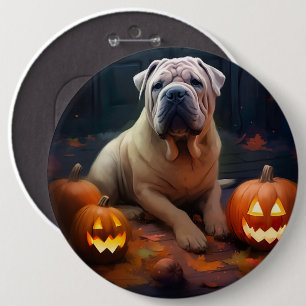 Bóton Redondo 15.24cm Halloween Shar Pei Com Pumpkins Assustado