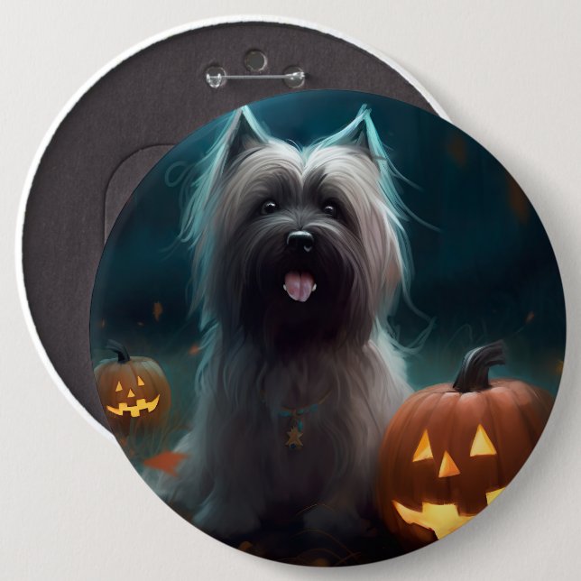 Bóton Redondo 15.24cm Halloween Skye Terrier Com Pumpkins Assustado (Frente & Verso)